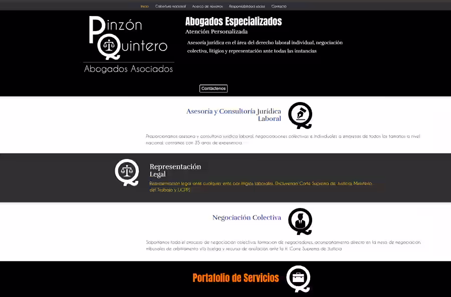 Vista en primer plano del sitio web optimizado para Pinzón Quintero Abogados Especializados